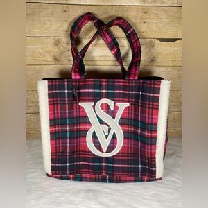 Victoria Secret Red Plaid Sherpa Lined Holiday Tote Bag NWT